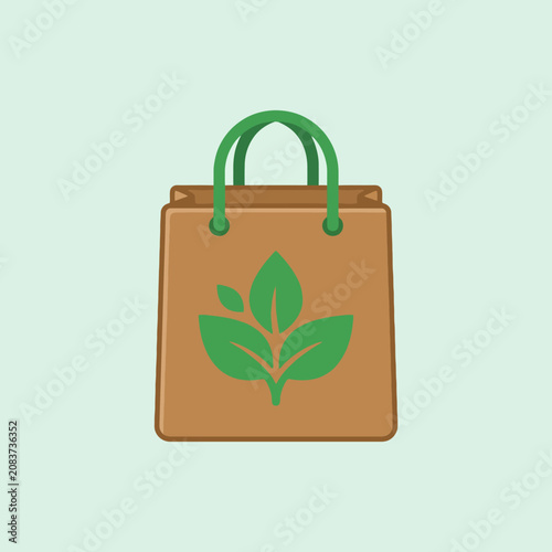 Brown paper shopping bag with green leaf icon on light background