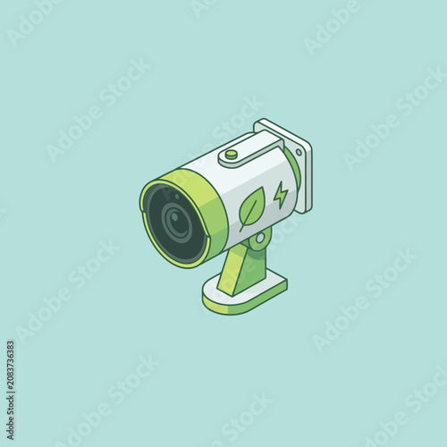 An isometric illustration of a green solar powered security camera