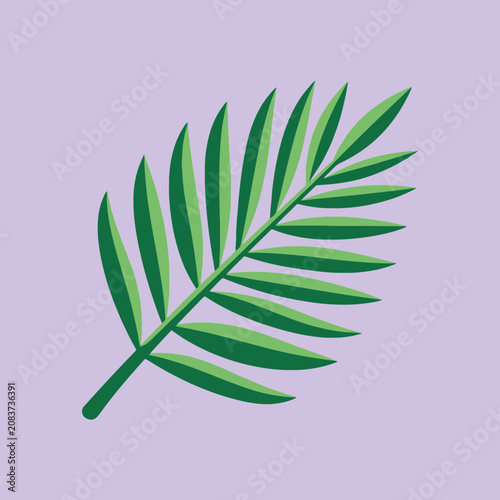 A green palm leaf illustration on a purple background