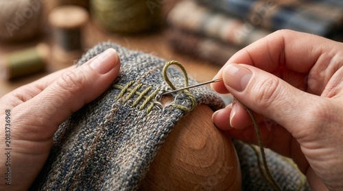 Tailor Hands Darning Hole in Woolen Fabric with Sewing Needle Close Up