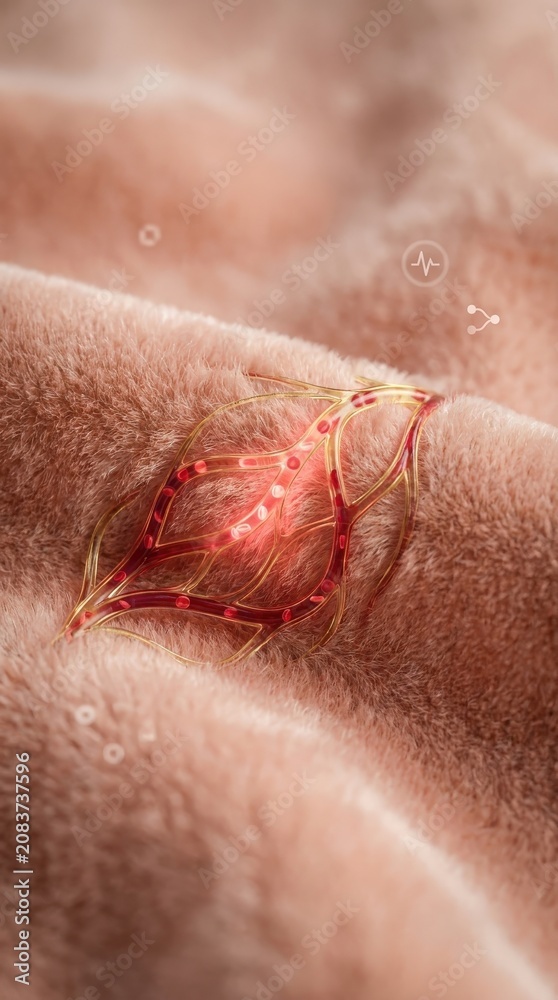 Naklejka premium Conceptual Microvascular Capillary Network in Muted Peach Velvet Fabric with Gold and Crimson Thread Macro