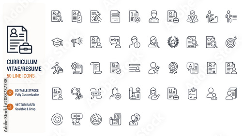 Schilderij op canvas Set of 50 line icons related to curriculum vitae and resume