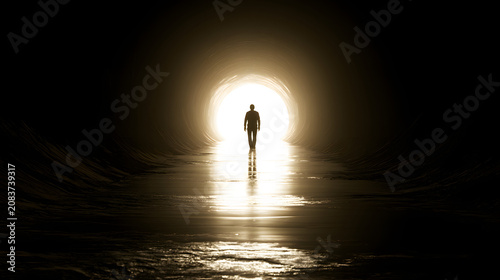 A solitary figure strolling toward the harsh light at the far end of a dark, mirror-like passageway