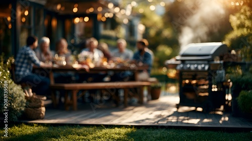 Relaxed outdoor dinner gathering with family and friends on a patio, featuring a barbecue grill and bokeh string lights