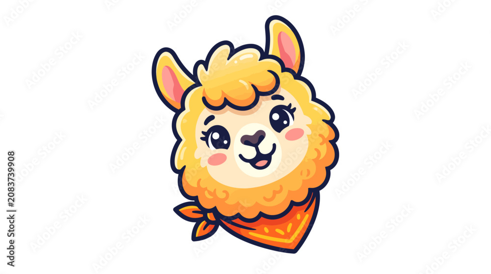 Obraz premium Cute Fluffy Llama Character Mascot Illustration with Orange Bandana Scarf Design for Kids Apparel and Playful Branding Projects