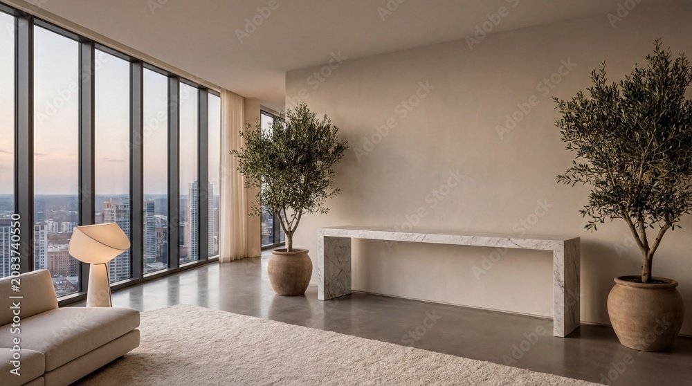 Fototapeta premium luxury interior design, a sleek, minimalist penthouse featuring a marble console awaiting elegant decor