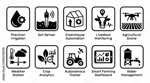 Smart farming technology icons set.