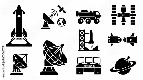 Black icons of space and communication technology.