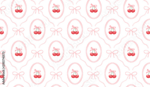 Tableau sur toile Cute watercolor cherry and pink bow seamless pattern vector illustration, coquet