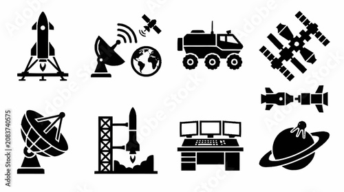 Black icons of space and technology.