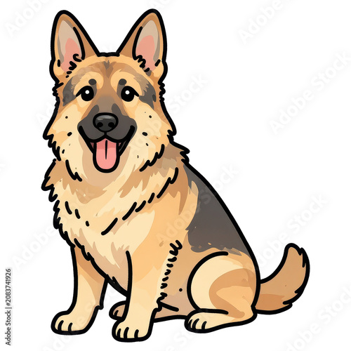 German Shepherd Portrait: A charming, cartoon-style illustration of a German Shepherd dog sitting attentively with its tongue out and a happy expression.