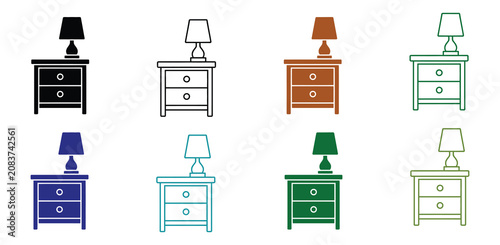 Foto Bedside lamp icon set in black and white outline styles featuring nightstand lig