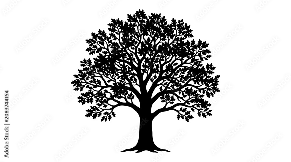 Fototapeta premium Cad tree line Tree icon, black silhouette, leafy tree, vector graphic isolated on White Background vector
