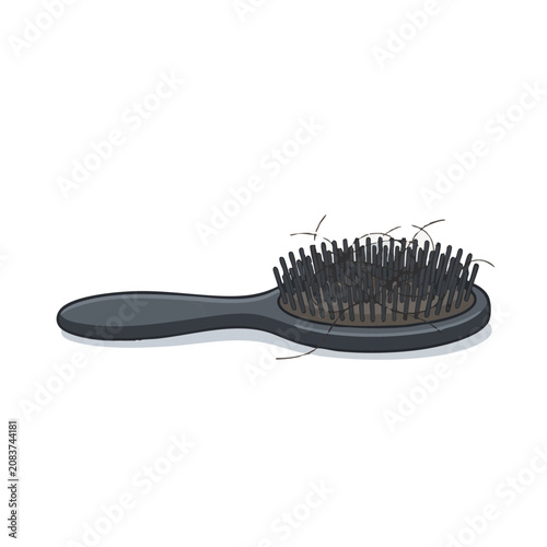 Flat vector of a hairbrush with loose hair strands on it showing a common scene in a bathroom