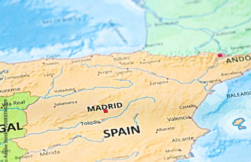Fototapeta premium Close-up of a map showing Spain with its capital city Madrid prominently displayed