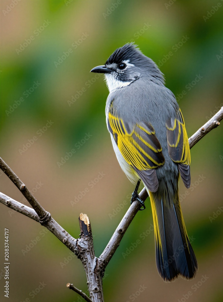 Fototapeta premium Grey ashy bulbul bird with yellow wing streaks sits on a bare tree branch. The songbird looks sideways with sharp eyes, its detailed plumage clearly visible against a soft green and brown backdrop.