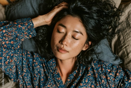 Peaceful young Asian woman sleeping in bed with closed eyes and curly dark hair, illuminated by soft natural light