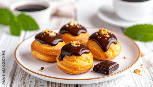 Delicious Chocolate Eclairs with Hazelnut Topping on a White Plate.
