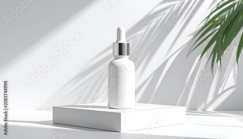Minimalist White Dropper Bottle with Palm Leaf Shadows and Sunlight.