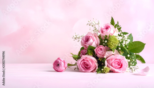 Elegant Pink Rose Bouquet with Delicate Greenery on Soft Pink Background.