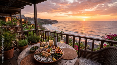 Luxury Waterfront Balcony with Gourmet Appetizers Overlooking a Scenic Beach Sunset