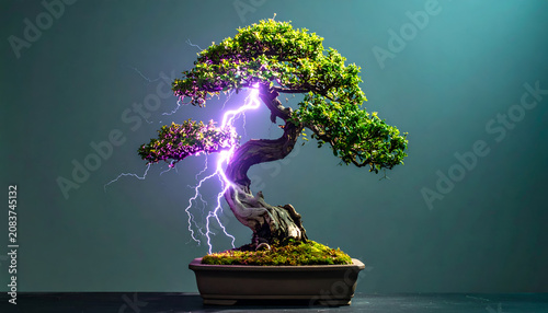 Bonsai Tree Struck by Powerful Lightning Bolt in Dramatic Display.