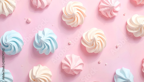 Pastel Swirl Meringue Cookies on a Pink Background.