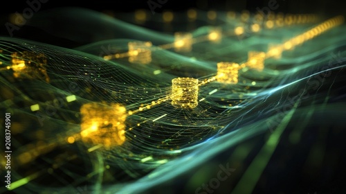 Glowing data nodes form a connected digital network against a dark abstract background.