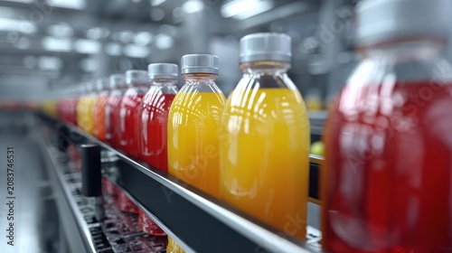 product bottles fruit juice on the conveyor belt in the beverage factory, industrial, manufacture, production, line, plant, technology, juice, machine, machinery, equipment, automated