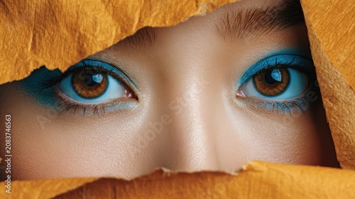Young Japan woman with beautiful bright brown eyes with shining blue shadows, beige lipstick and expressive eyebrows, pitted look of colored paper, fashion, beauty, make-up, cosmetics, salon style