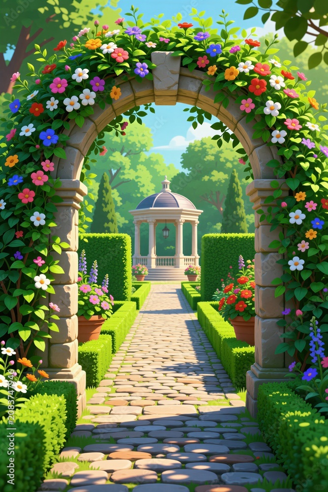 Fototapeta premium Stone archway covered in colorful flowers leads to garden path. Green trimmed hedges line walkway toward gazebo. Bright sunlight creates dappled shadows on paving stones.