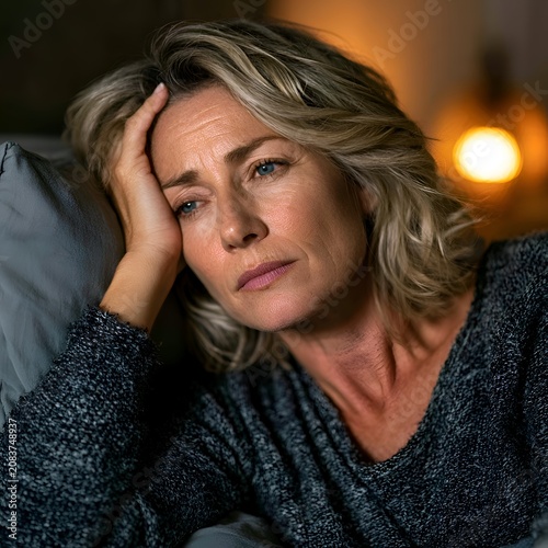 Stressed middle-aged woman struggling with insomnia and anxiety in her dark bedroom at night
