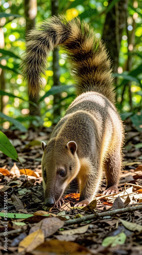 Fototapeta premium Coati sniffs forest floor for food. Small mammal with long tail walks in jungle habitat. Animal searches for insects among fallen leaves and plants.