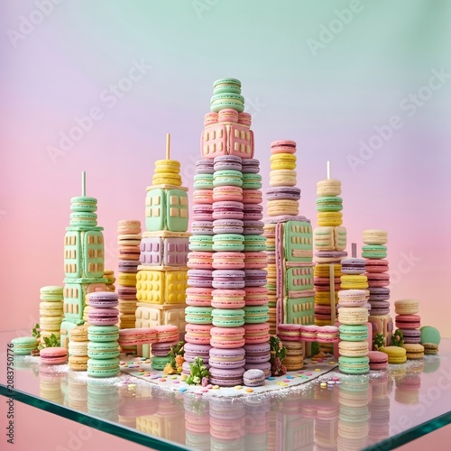 Miniature city skyline built with colorful macarons