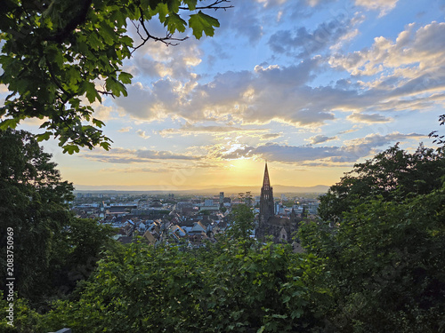 Sunset view over Freiburg im Breisgau in Germany
