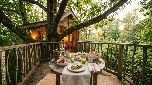 Cozy breakfast on a rustic treehouse balcony overlooking a lush green forest at sunrise