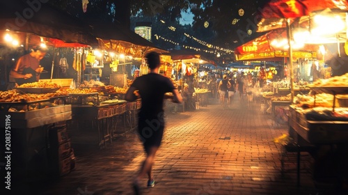 Motion blur captures a person running through a lively night market filled with food stalls.