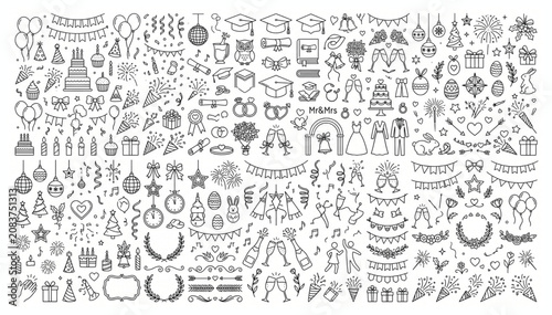 Set of festive event and celebration doodle vector icons with celebration birthday graduation anniversary collection elements balloons champagne decoration gathering ceremony handdrawn