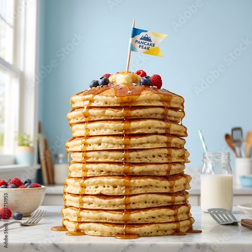 Deliciously stacked golden pancakes drizzled with syrup and fresh berries, a perfect breakfast treat