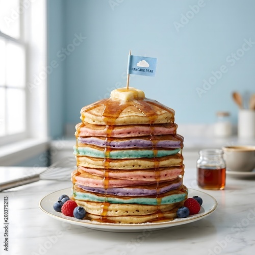A tall stack of colorful pancakes with syrup and butter, garnished with berries and a flag