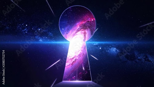 A keyhole opens to a galaxy with stars, purple, and a cosmic burst