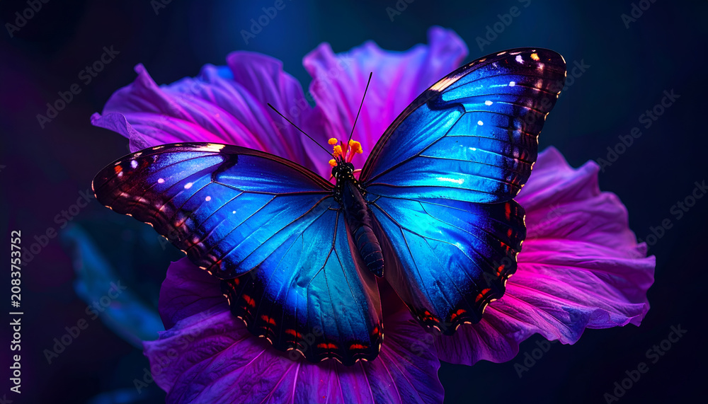 Obraz premium Stunning Blue Morpho Butterfly on Vibrant Purple Hibiscus Flower.