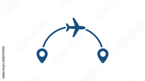 Obraz na plátně Airplane flying arc path between two location pins.
