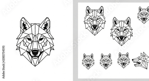 Geometric wolf head linear illustration and logo set