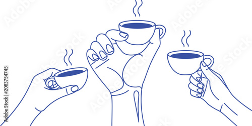 Obraz na plátne Steaming Coffee Cups Raised in Toast: A stylized illustration shows three hands holding up steaming cups of dark coffee, suggesting a shared moment of enjoyment or a toast