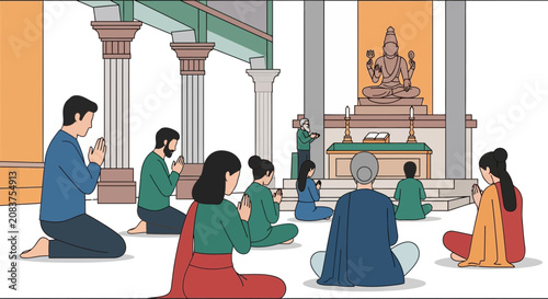 Quadro su tela People Praying in a Temple with Deity Statue.