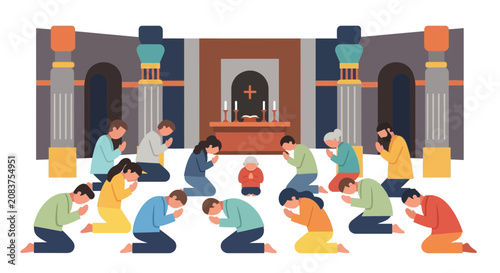 Картината върху платно Diverse group of people kneeling in prayer or worship.