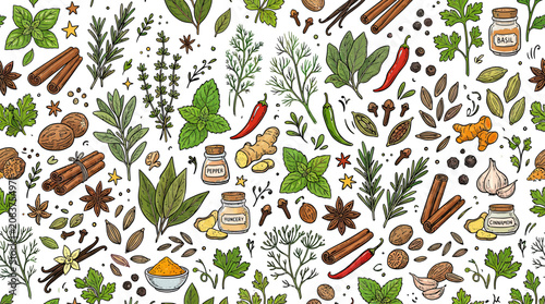 Herbs and Spices Seamless Pattern: Culinary Ingredients Illustration