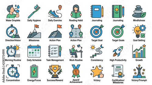 Personal Growth and Productivity Icons: Daily Habits to Success