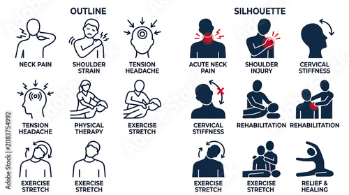 Pain and Relief Icons: Neck, Shoulder, Headaches, Therapy & Exercise